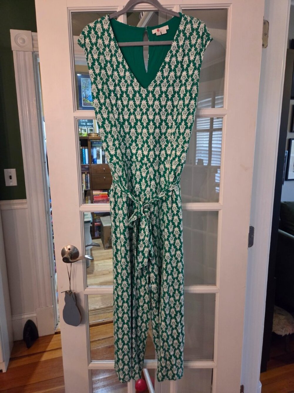 Boden Green & White Printed V-Neck Tie-Waist Jumpsuit